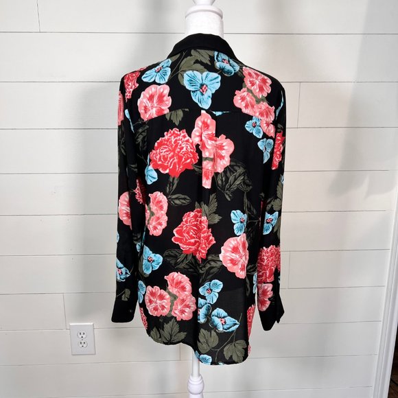 CeCe Black Pink & Blue Floral Semi Sheer Long Sleeve Blouse Size M - Picture 7 of 11